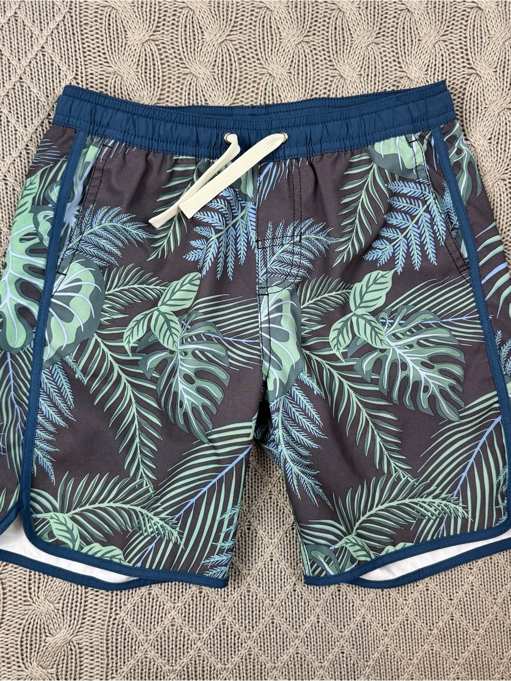 Fair Harbor Boys Tropical Leaf Board Shorts - Navy/Green ~ M
